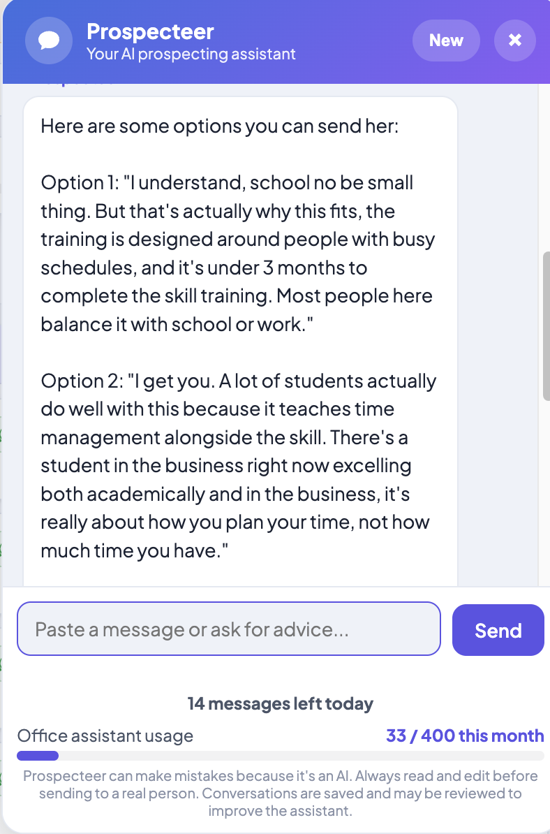 Prospecteer drafting three replies to a prospect who said she is a student with no time