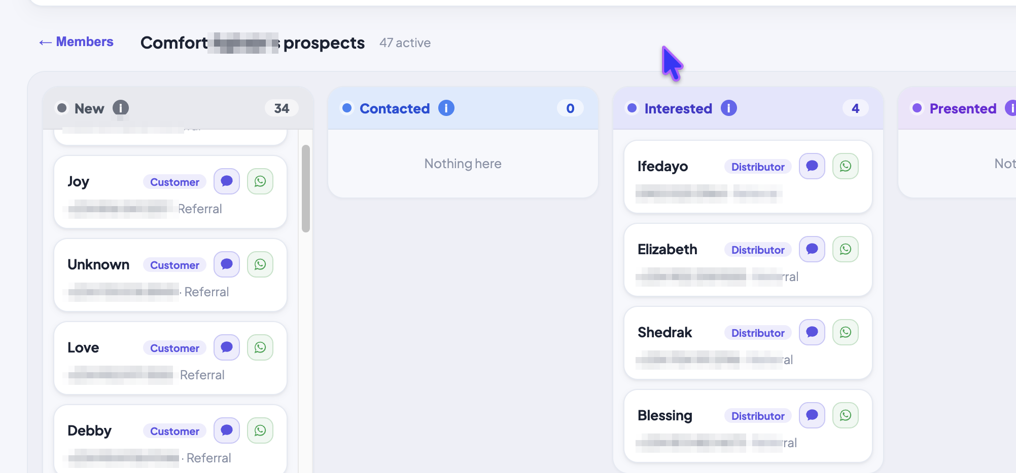 The prospects board, showing prospects in New, Contacted, Interested and Presented columns